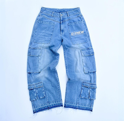 Custom Vintage Streetwear Cargo Denim | Wide Leg Multi-Pocket Design | Logo Collection