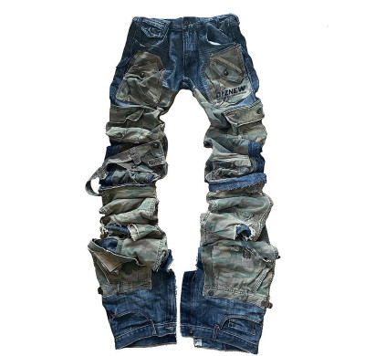 Custom Deconstructed Camo Denim | Stacked Military Style | Designer Cargo Jeans