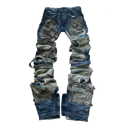 Custom Deconstructed Camo Denim | Stacked Military Style | Designer Cargo Jeans