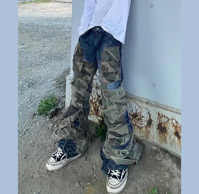 Custom Deconstructed Camo Denim | Stacked Military Style | Designer Cargo Jeans