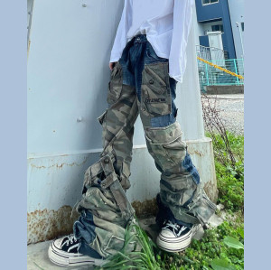 Custom Deconstructed Camo Denim | Stacked Military Style | Designer Cargo Jeans