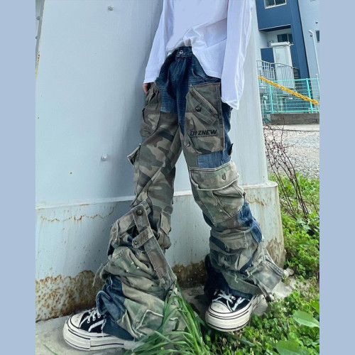 Custom Deconstructed Camo Denim | Stacked Military Style | Designer Cargo Jeans