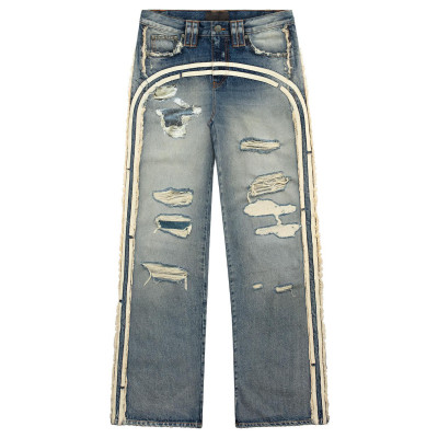 Custom Side Panel Denim | Premium Distressed Design | Architectural Stripe Detail
