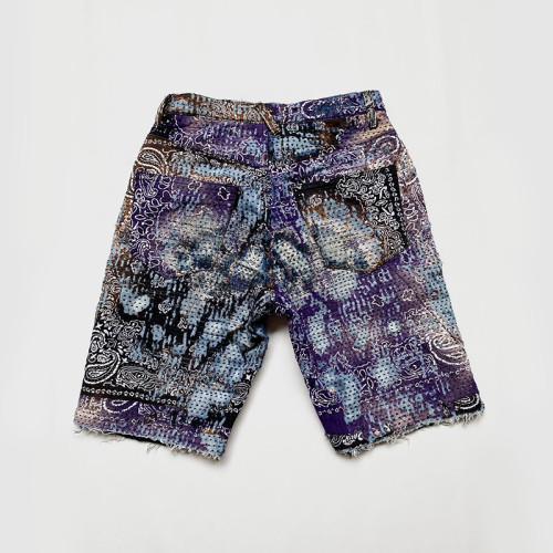 Custom Embroidered Denim Shorts | Purple Paisley Stitch Art | Designer Collection