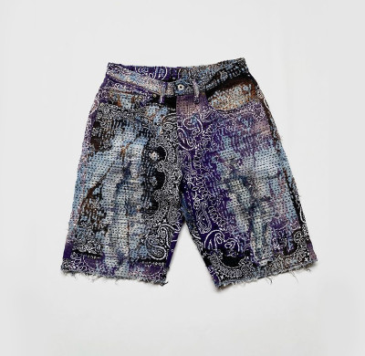 Custom Embroidered Denim Shorts | Purple Paisley Stitch Art | Designer Collection