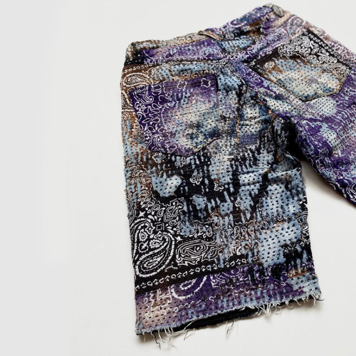 Custom Embroidered Denim Shorts | Purple Paisley Stitch Art | Designer Collection