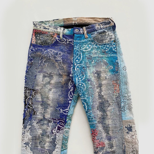 Custom Embroidered Art Jeans | Multi-Color Paisley Design | Bespoke Collection