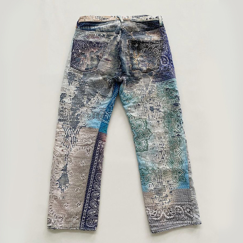 multi color stitch pattern denim