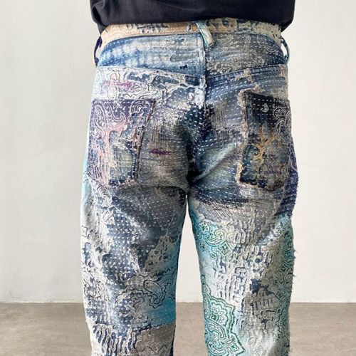 Custom Embroidered Art Jeans | Multi-Color Paisley Design | Bespoke Collection