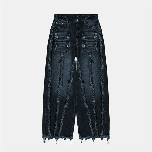 Custom Military Wide-Leg Denim | Vertical Distressed Art | Bespoke Black Design