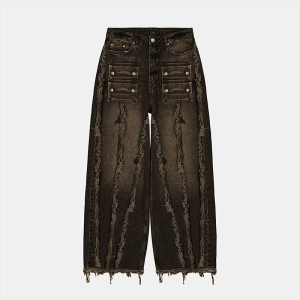 Custom Military Wide-Leg Denim | Vertical Distressed Art | Bespoke Black Design