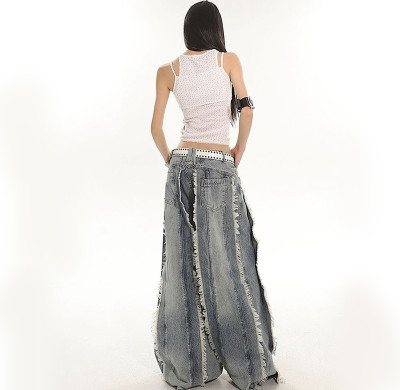 Custom Y2K Wide-Leg Women's Jeans | Dramatic Frayed Panels | Designer Collection