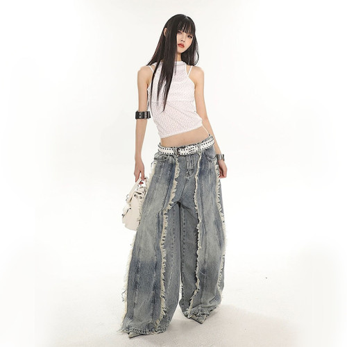 Custom Y2K Wide-Leg Women's Jeans | Dramatic Frayed Panels | Designer Collection