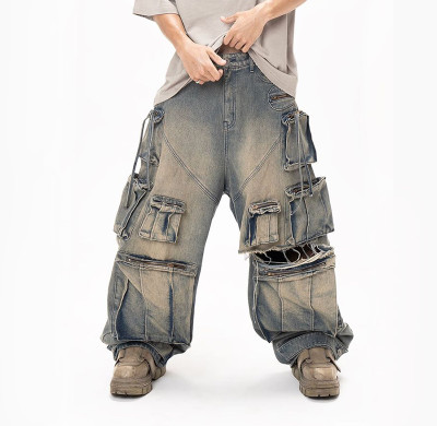 Custom Cargo Denim Jeans for Men | Distressed Rips & Loose Fit | Bespoke Design