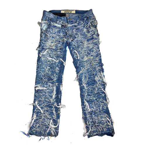 Custom Ripped Distressed Jeans & Embroidered Stitching Loose Fit Denim