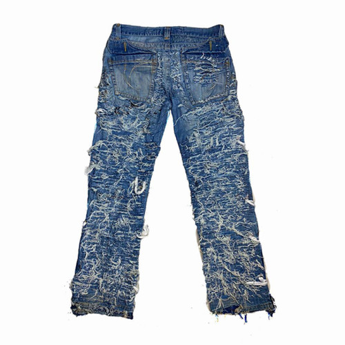 Custom Ripped Distressed Jeans & Embroidered Stitching Loose Fit Denim