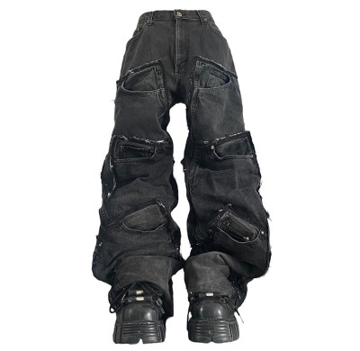 Custom Bulk Grey Baggy Jeans with Utility Pockets | Urban Streetwear