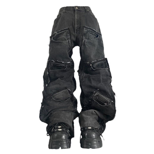 Custom Bulk Grey Baggy Jeans with Utility Pockets | Urban Streetwear