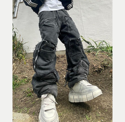 Custom Bulk Grey Baggy Jeans with Utility Pockets | Urban Streetwear