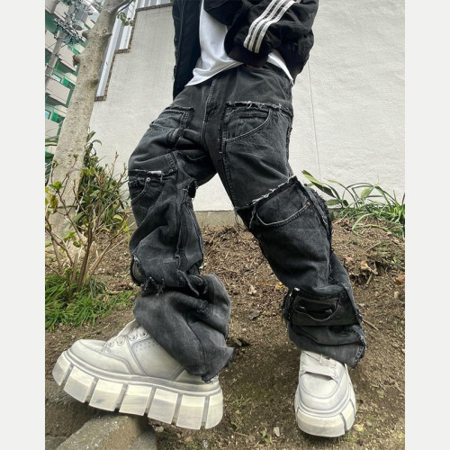 Custom Bulk Grey Baggy Jeans with Utility Pockets | Urban Streetwear