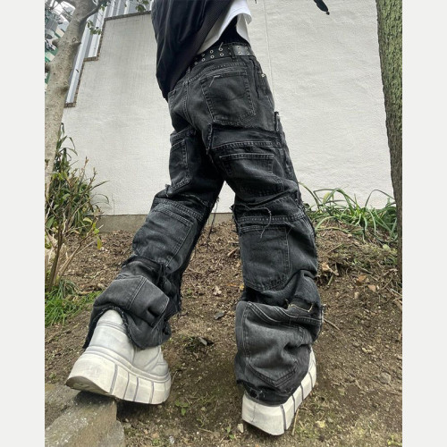 Custom Bulk Grey Baggy Jeans with Utility Pockets | Urban Streetwear