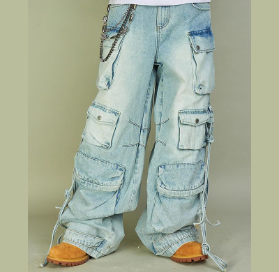 Custom Blue Chain Cargo Loose Jeans | Bold Urban Style