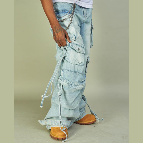 Custom Blue Chain Cargo Loose Jeans | Bold Urban Style