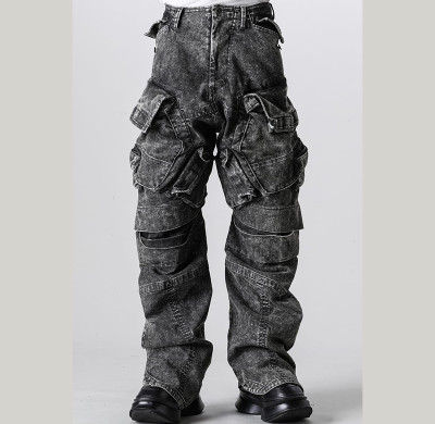Custom Vintage Black Cargo Denim Pants – Street-Ready Multi-Pocket Design