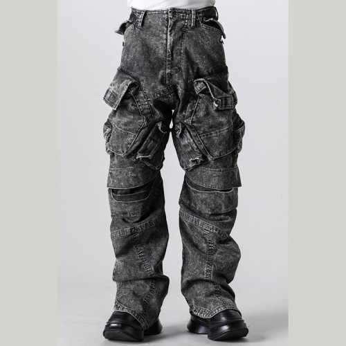 Custom Vintage Black Cargo Denim Pants – Street-Ready Multi-Pocket Design