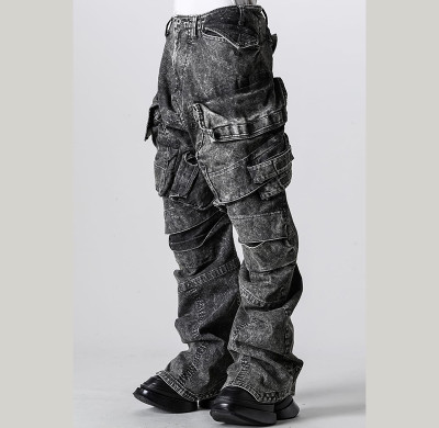 Custom Vintage Black Cargo Denim Pants – Street-Ready Multi-Pocket Design
