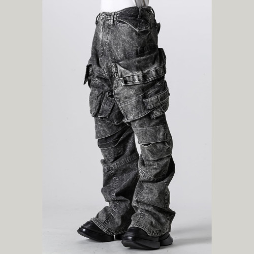 Custom Vintage Black Cargo Denim Pants – Street-Ready Multi-Pocket Design