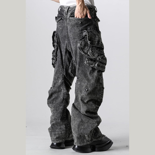 Custom Vintage Black Cargo Denim Pants – Street-Ready Multi-Pocket Design