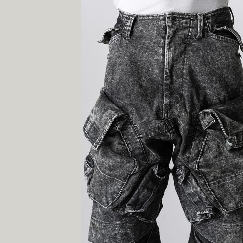 Custom Vintage Black Cargo Denim Pants – Street-Ready Multi-Pocket Design