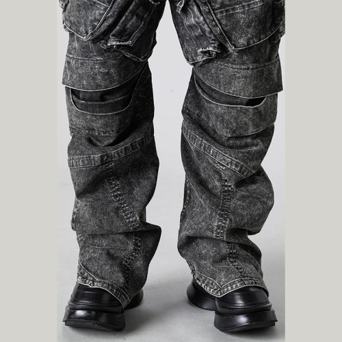 Custom Vintage Black Cargo Denim Pants – Street-Ready Multi-Pocket Design