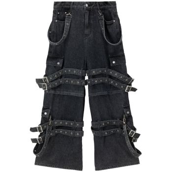 Custom Black Buckle Strap Denim Jeans – Gothic Punk Streetwear
