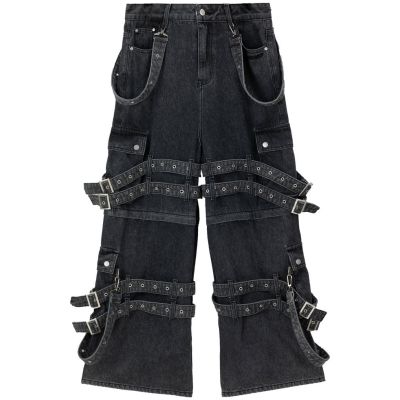 Custom Black Buckle Strap Denim Jeans – Gothic Punk Streetwear