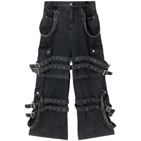 Custom Black Buckle Strap Denim Jeans – Gothic Punk Streetwear