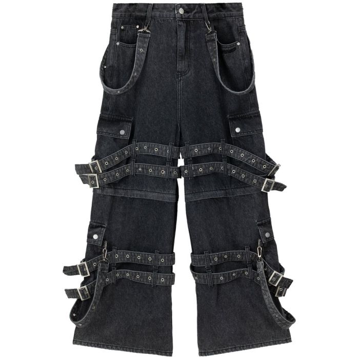 Custom Black Buckle Strap Denim Jeans – Gothic Punk Streetwear