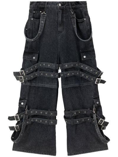 Custom Black Buckle Strap Denim Jeans – Gothic Punk Streetwear