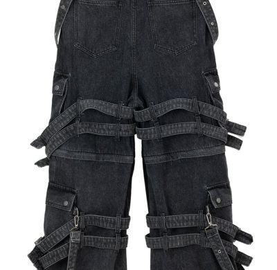 Custom Black Buckle Strap Denim Jeans – Gothic Punk Streetwear