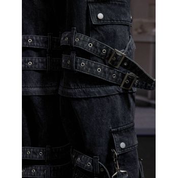Custom Black Buckle Strap Denim Jeans – Gothic Punk Streetwear