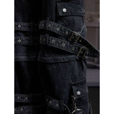 Custom Black Buckle Strap Denim Jeans – Gothic Punk Streetwear