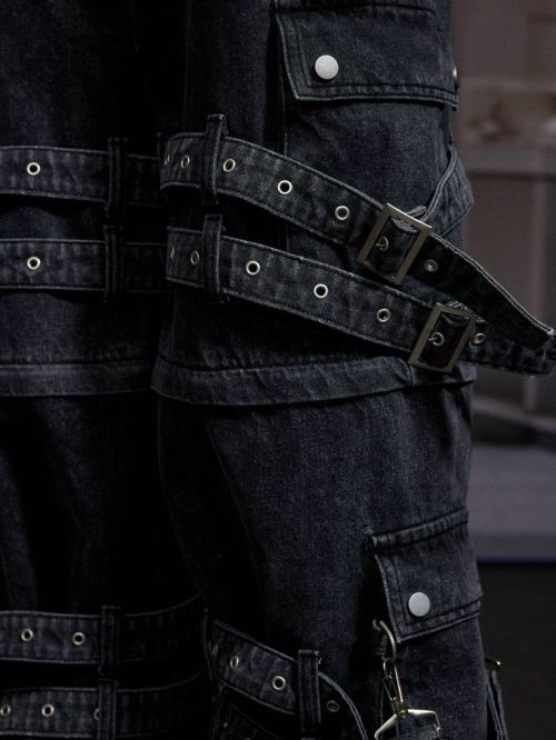 Custom Black Buckle Strap Denim Jeans – Gothic Punk Streetwear