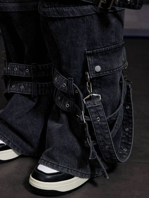 Custom Black Buckle Strap Denim Jeans – Gothic Punk Streetwear