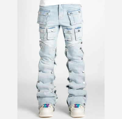 Custom Multi-Pocket Bubble Zipper Side Cargo Jeans – Vintage Washed Streetwear
