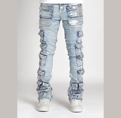 Custom Silver Foil Multi-Pocket Cargo Jeans – High-Street Metallic Denim