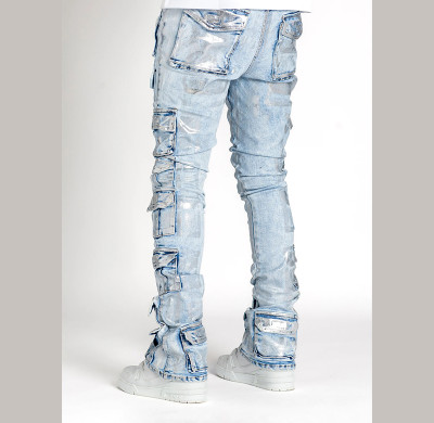 Custom Silver Foil Multi-Pocket Cargo Jeans – High-Street Metallic Denim