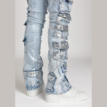 Custom Silver Foil Multi-Pocket Cargo Jeans – High-Street Metallic Denim