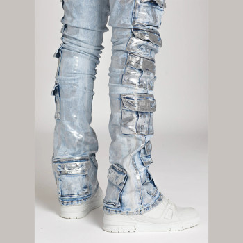 Custom Silver Foil Multi-Pocket Cargo Jeans – High-Street Metallic Denim