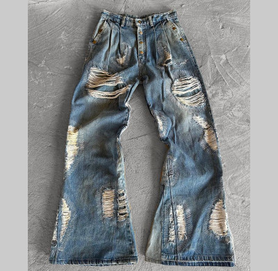 Custom Distressed Wide-Leg Jeans – Heavy Ripped Vintage Denim